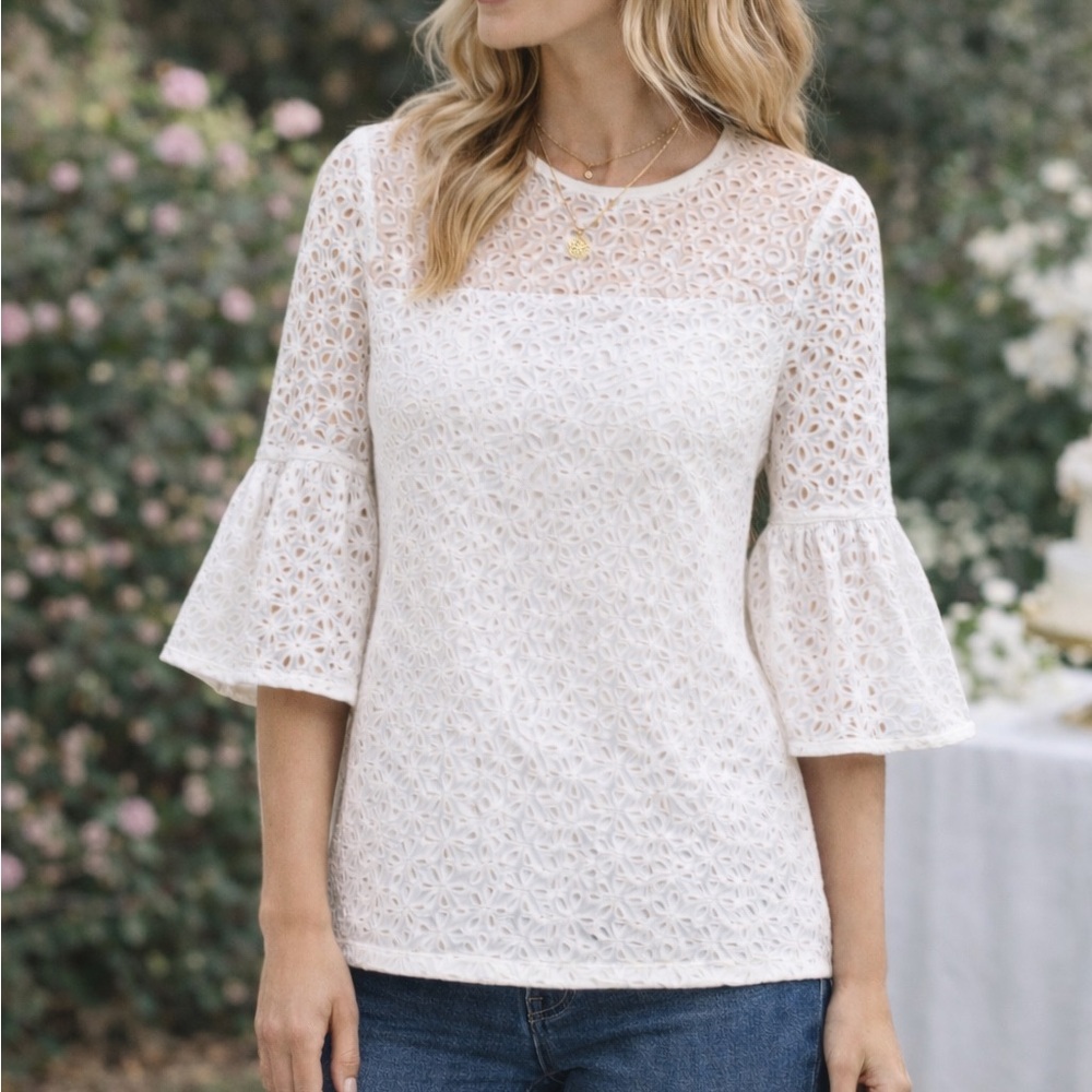 Love Bonito White Eyelet Lace Bell Sleeve Blouse XS Bridal Chic